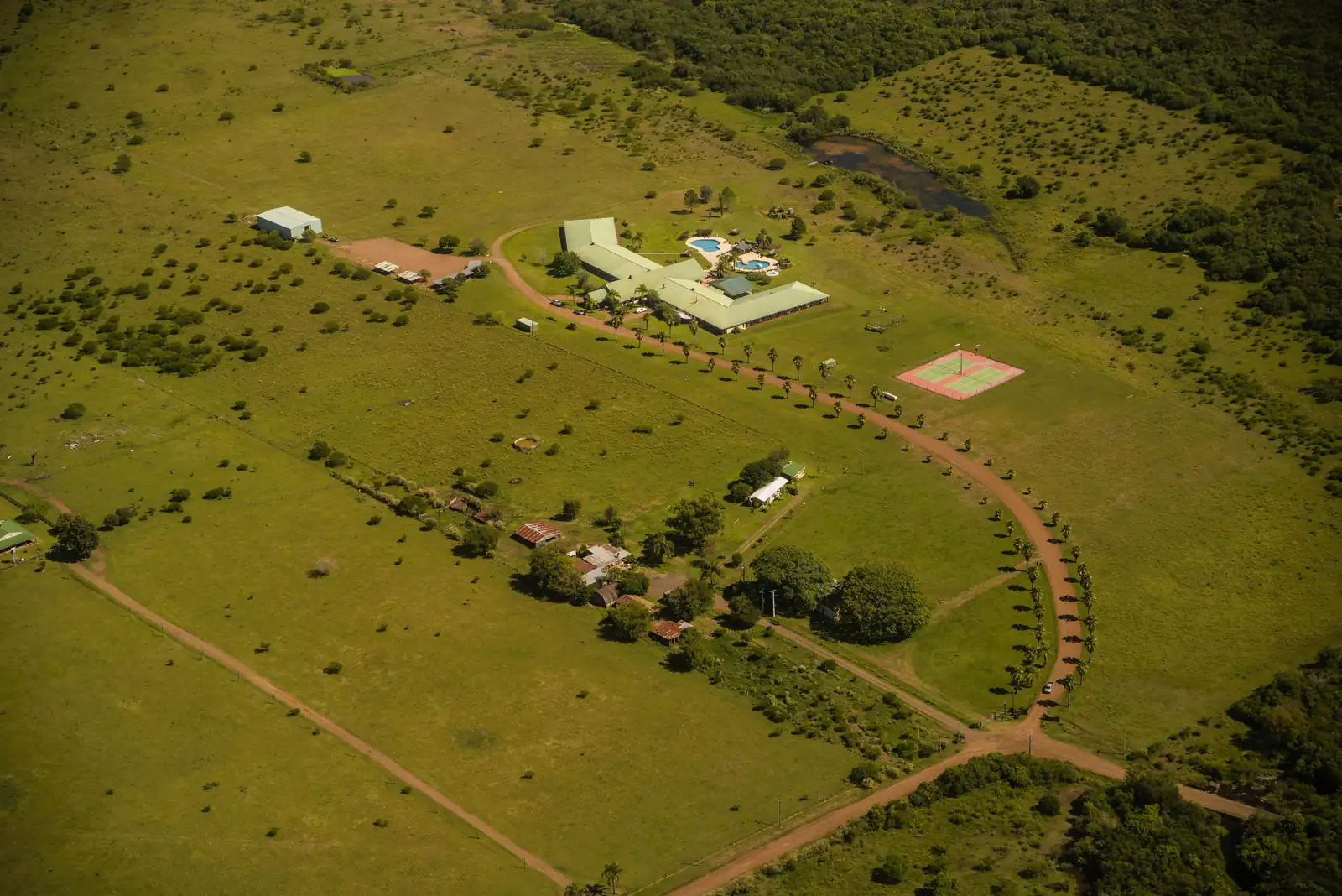 Aerial view of a thermal resort and its pools near Termas del Dayman
