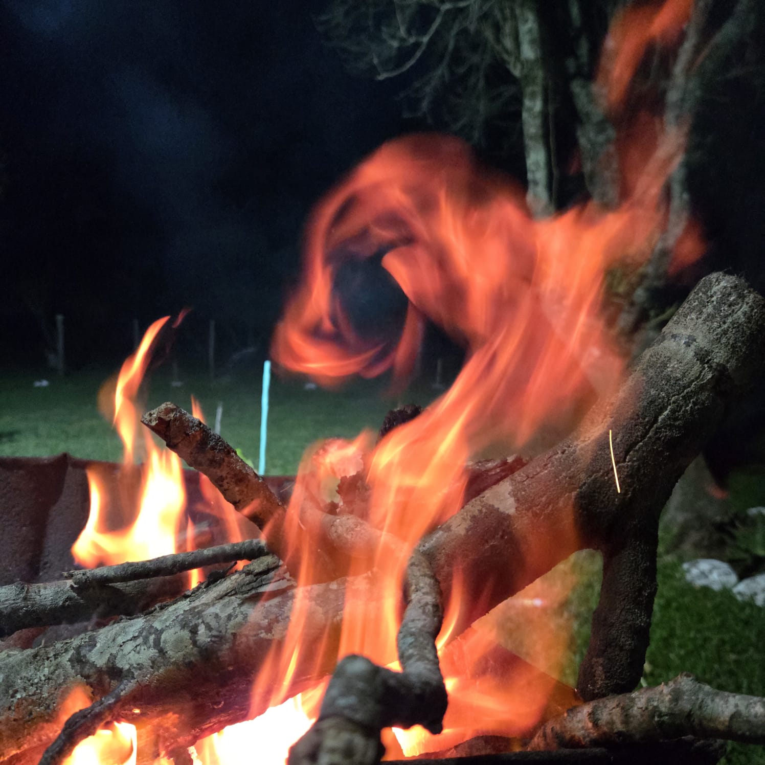 Wood fire burning down to embers for an asado in the Salto countryside