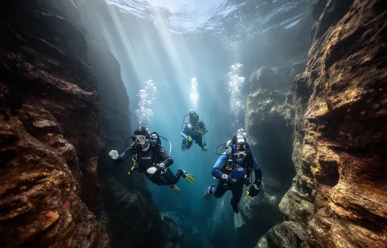 A diver descending into Cantera El Terrible near Salto Grande