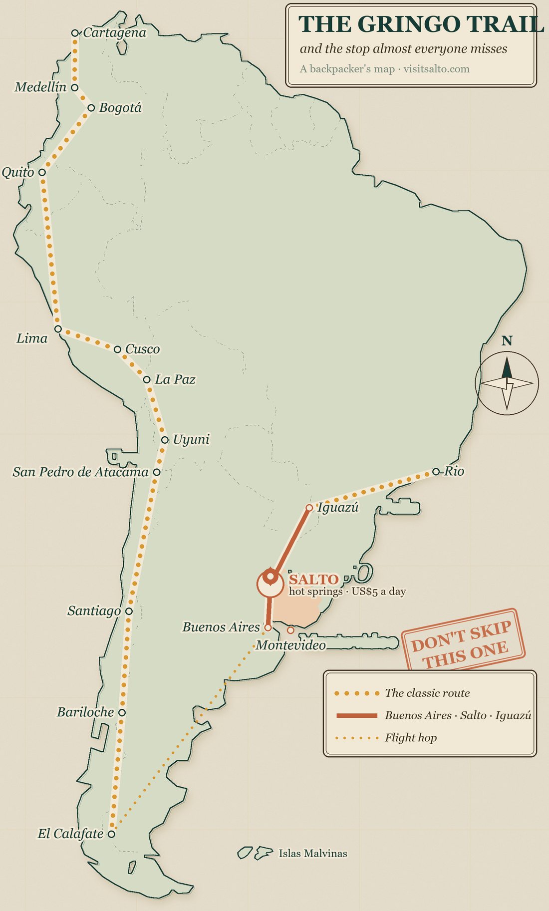 Map of South America showing the Gringo Trail backpacker route from Cartagena to Patagonia, with Salto, Uruguay marked on the Buenos Aires to Iguazu leg