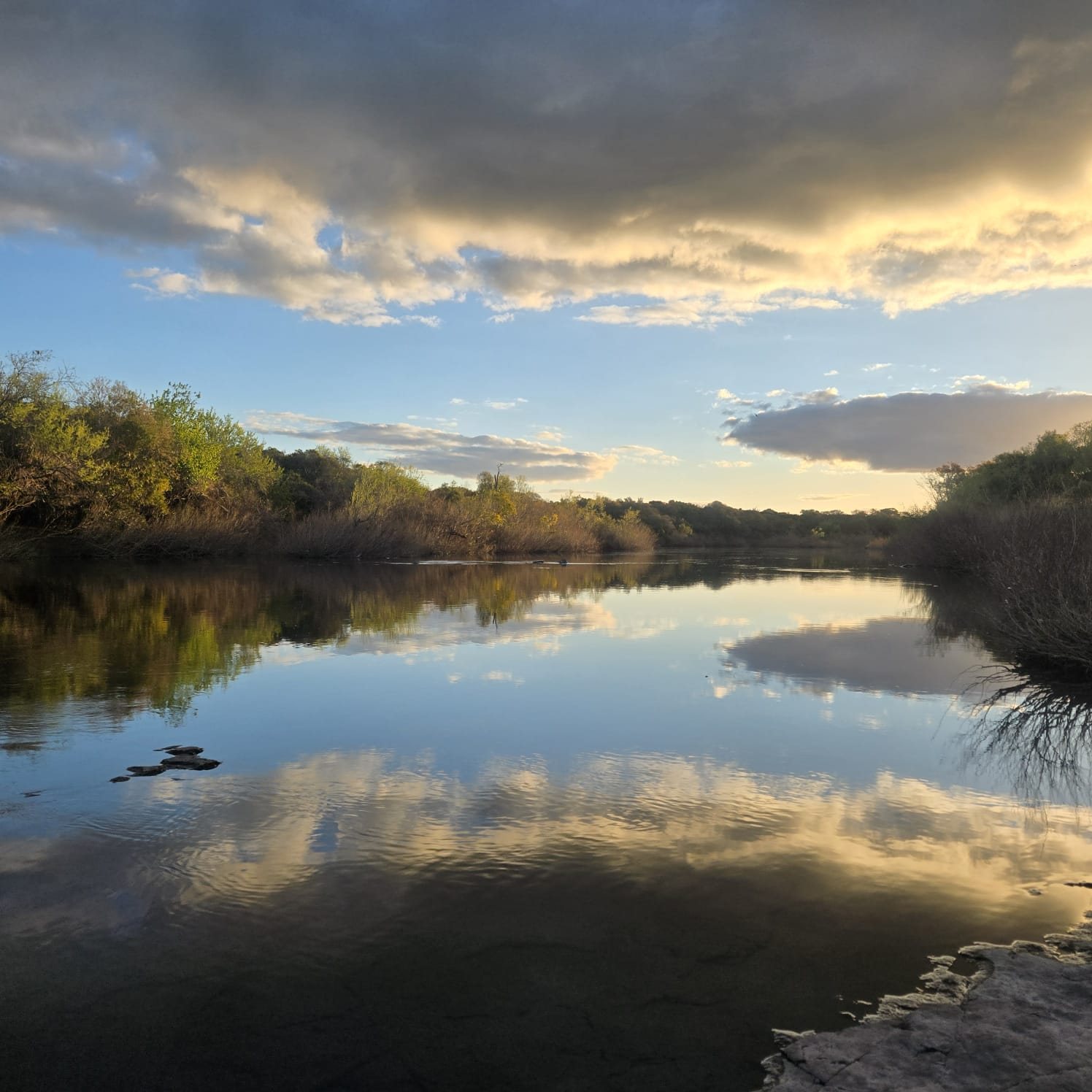 Mirror-calm water reflecting the sky on the Río Daymán at Termas del Daymán, Salto, Uruguay