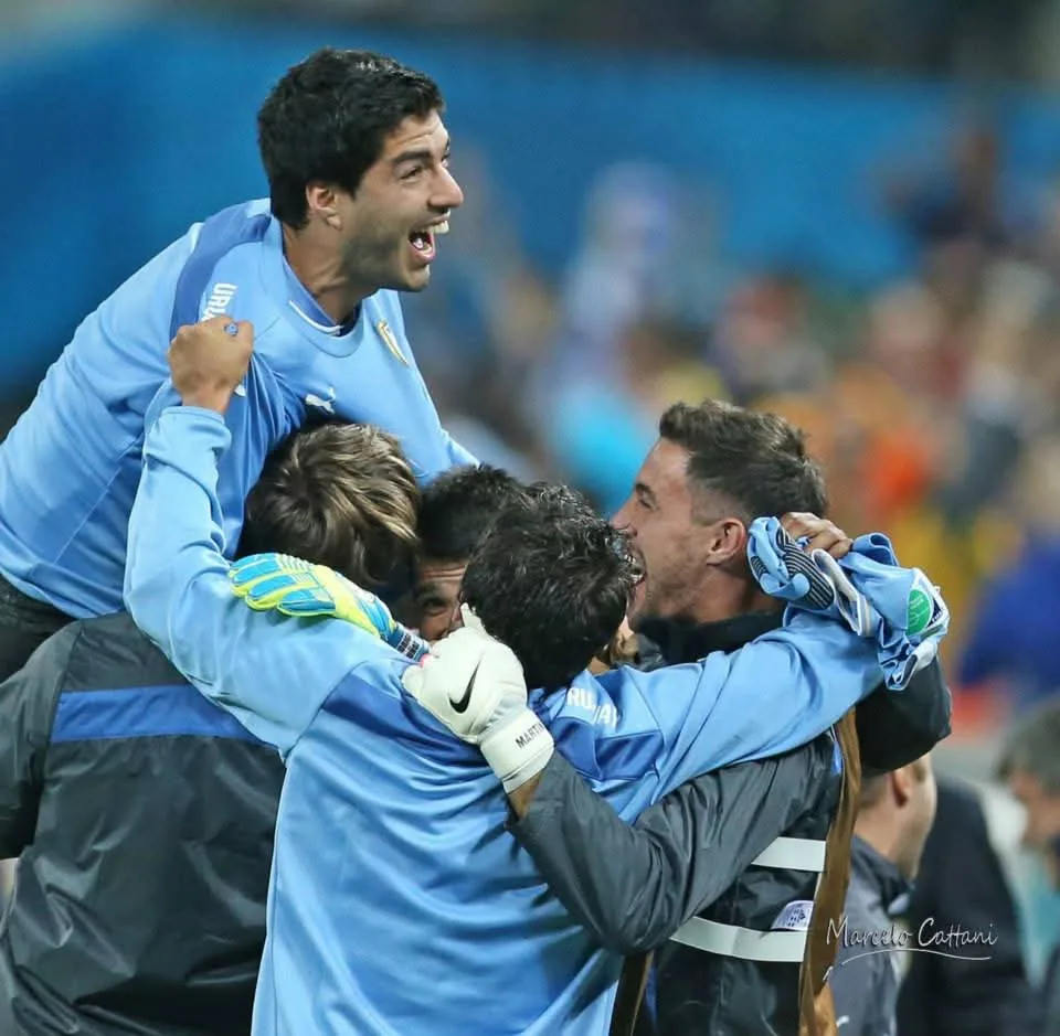 Luis Suárez and Edinson Cavani celebrating a goal with Uruguay