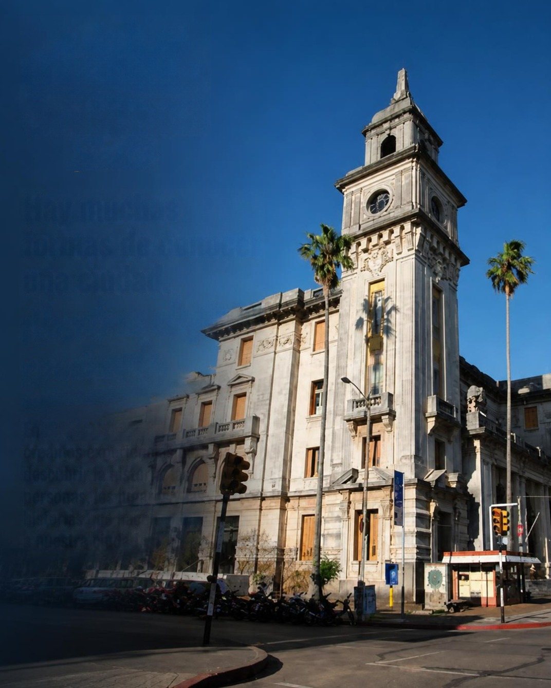 Clock tower of a historic building on a street corner in central Salto, Uruguay